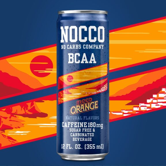 Can of NOCCO BCAA Blood Orange flavor with stylized sunset background.