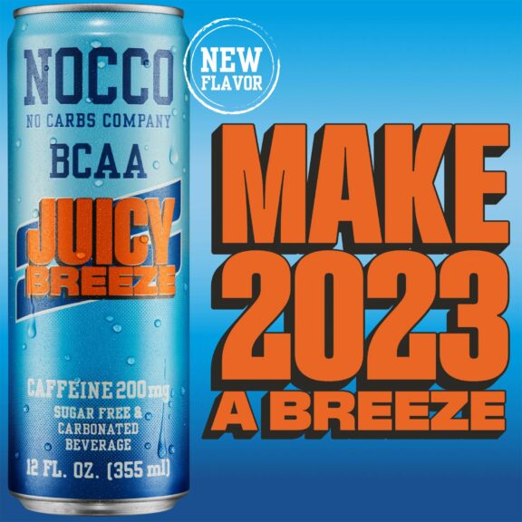 Advertisement for NOCCO Juicy Breeze energy drink with "Make 2023 a Breeze" slogan.