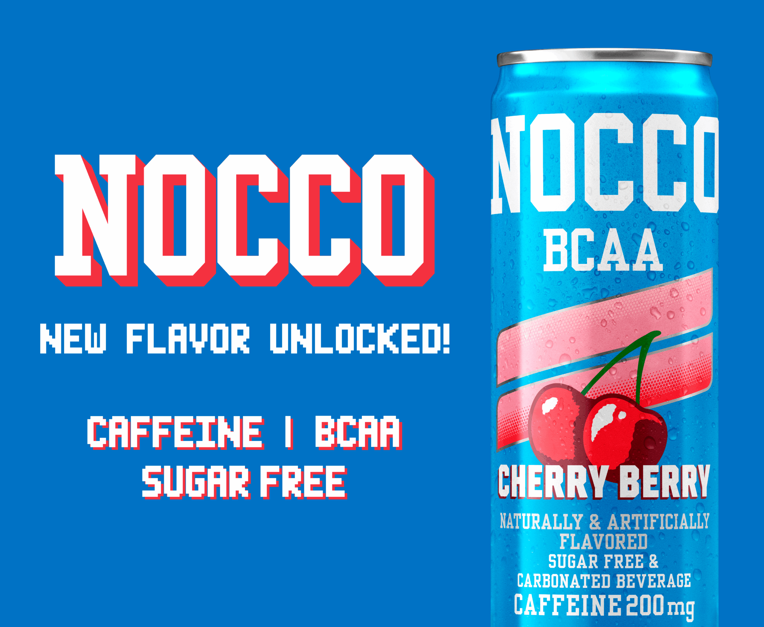 Advertisement for NOCCO BCAA Cherry Berry flavor, caffeine and sugar-free.