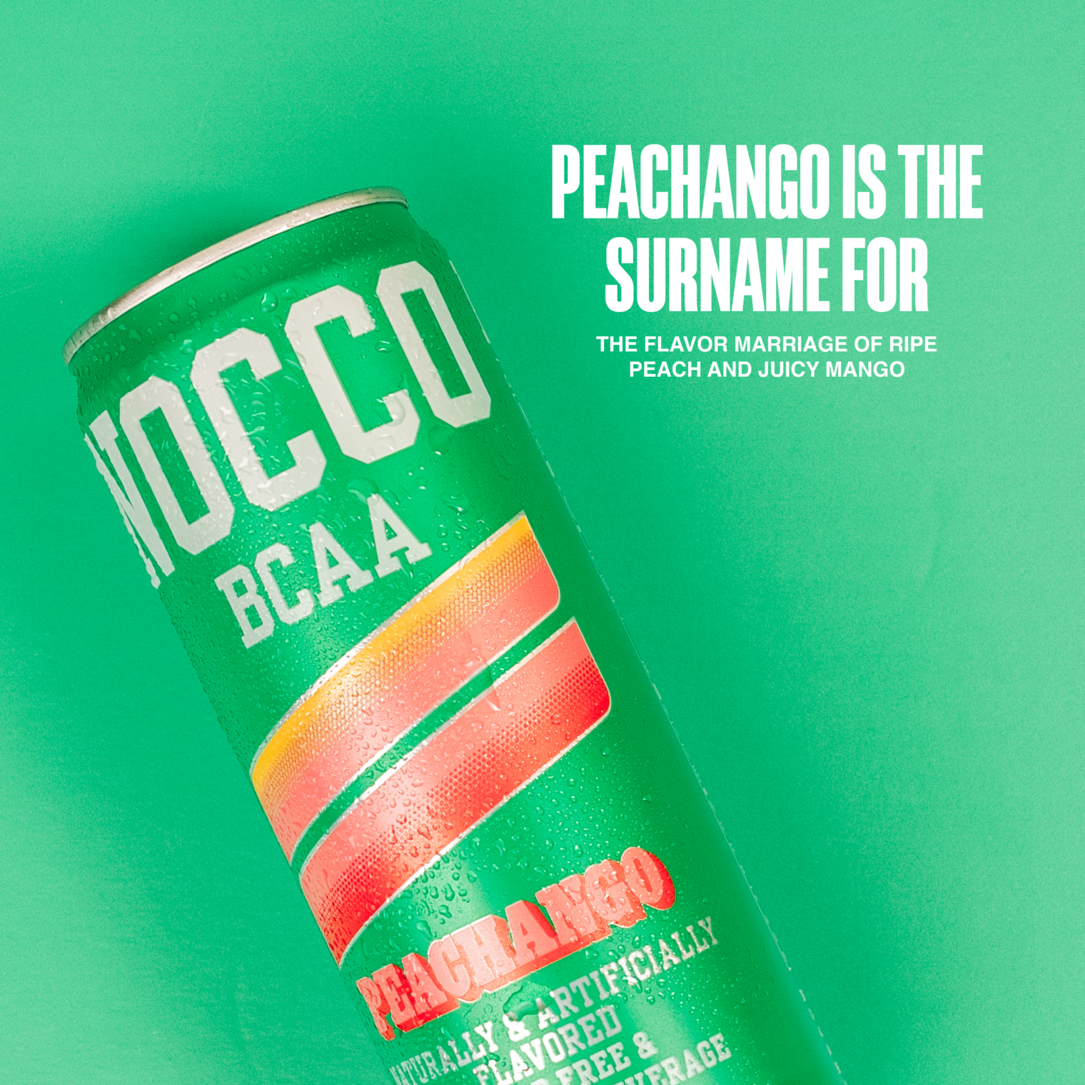 Green NOCCO BCAA can with water droplets on a teal background.