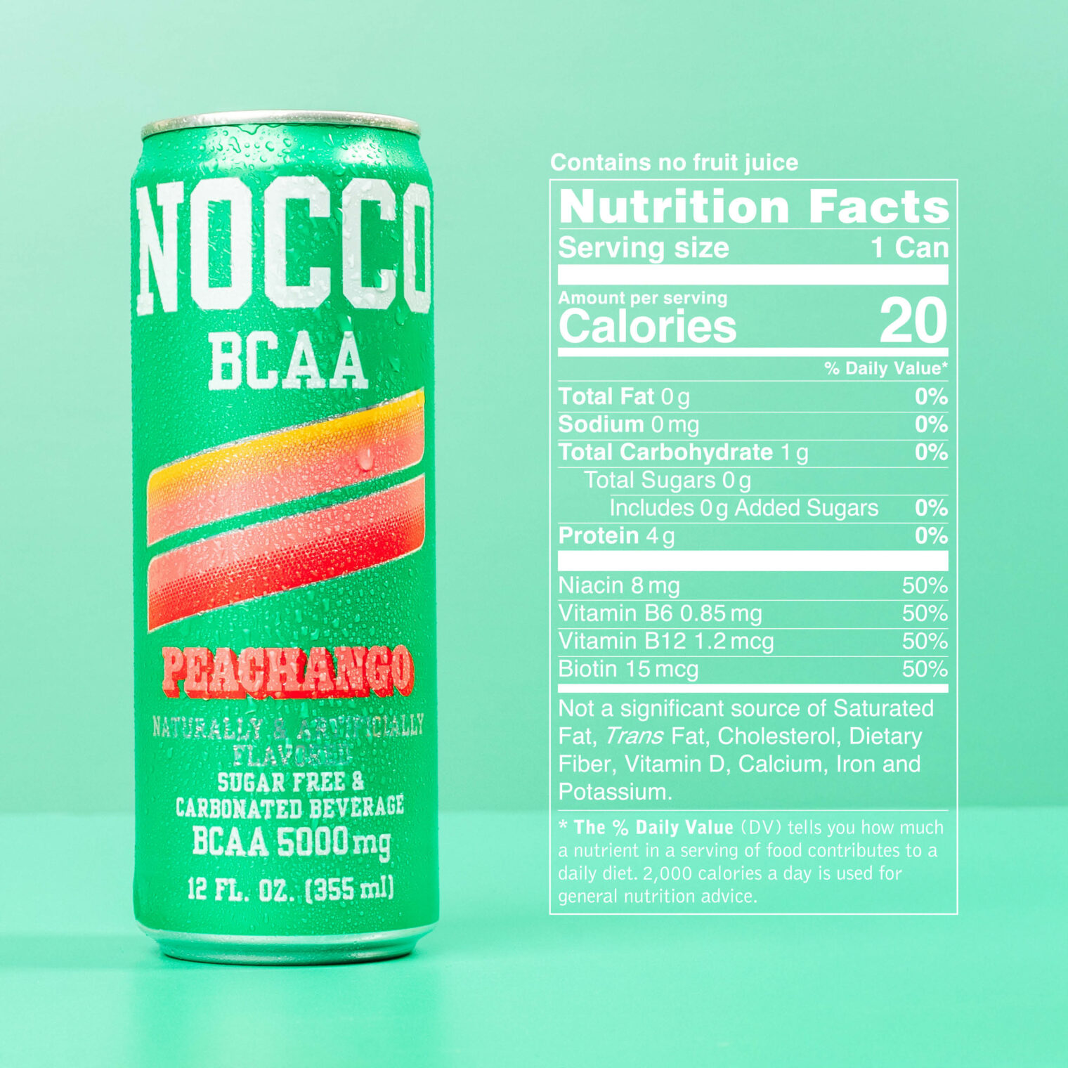 Green NOCCO BCAA drink can with nutrition facts on a green background.