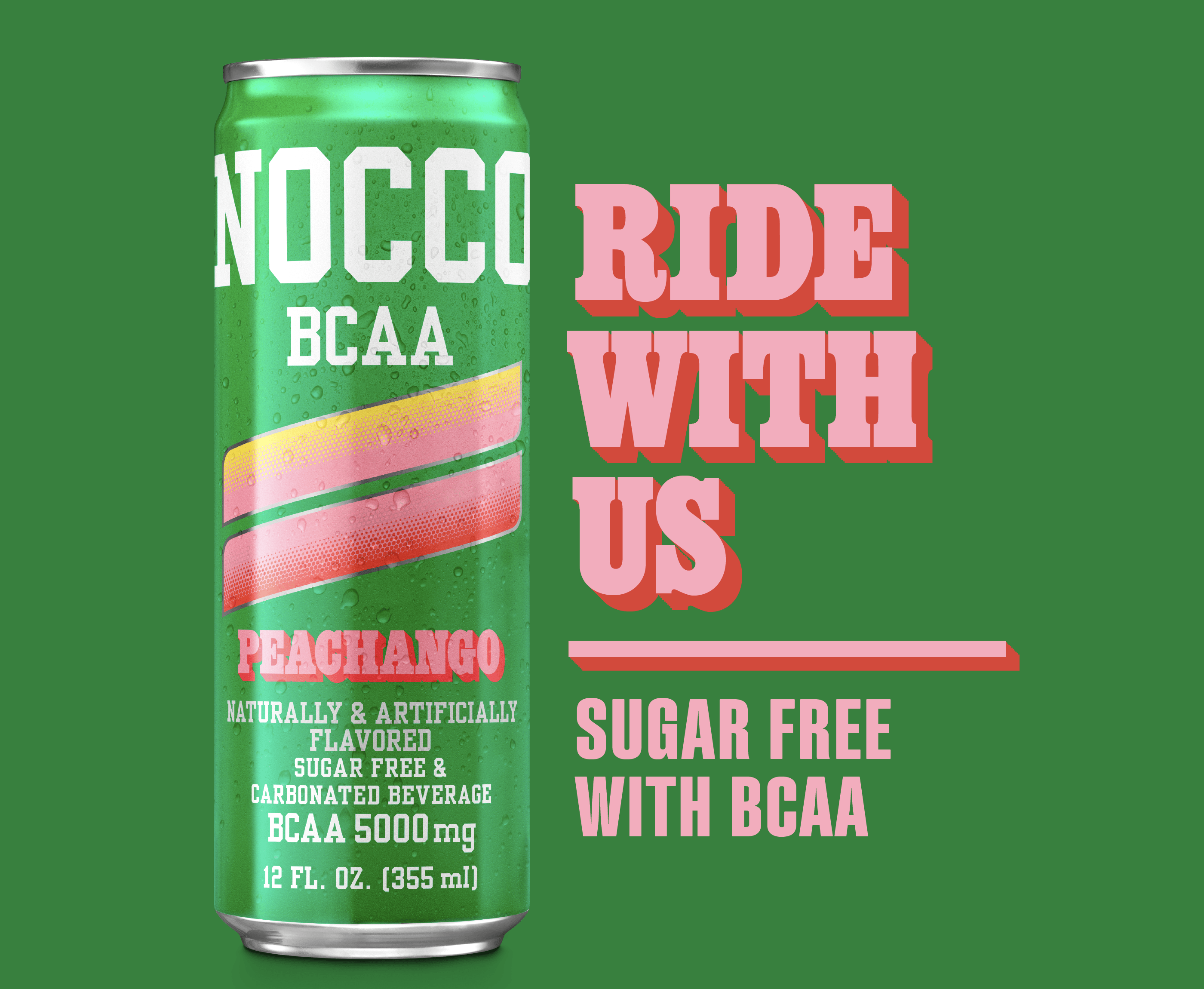 Green can of NOCCO BCAA drink in Peachango flavor with water droplets.